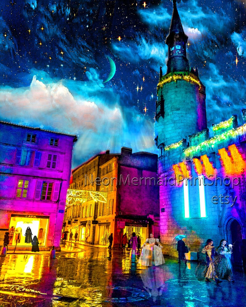May include: A digital painting of a European city street at night with a tall tower in the background. The street is lit with colorful lights and there are people walking around. The sky is dark blue with stars and a crescent moon.