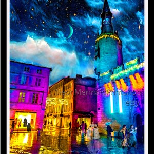 May include: A digital painting of a European city street at night with a crescent moon and stars in the sky. The buildings are lit up in vibrant colors, including pink, blue, and yellow. There are people walking on the wet cobblestone street. The text "Neon Mermaid Print Shop etsy" is visible in the image.