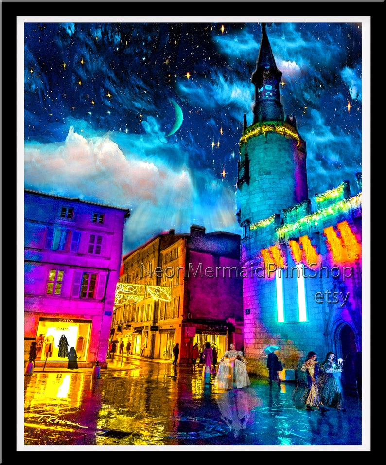 May include: A digital painting of a European city street at night with a crescent moon and stars in the sky. The buildings are lit up in vibrant colors, including pink, blue, and yellow. There are people walking on the wet cobblestone street. The text "Neon Mermaid Print Shop etsy" is visible in the image.