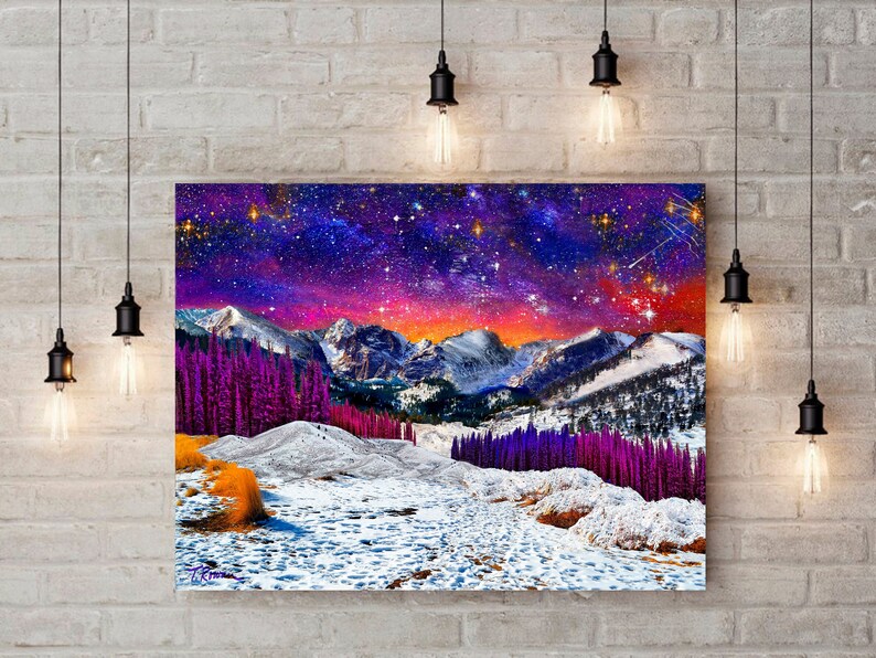 Mountain Landscape Starry Night Sky Sunset Art Metal Prints,Colorado Snow Rocky Mountains Art Print,Purple Wall Decor,Starry Sky Mountains Metal Print 16 x 20 inches