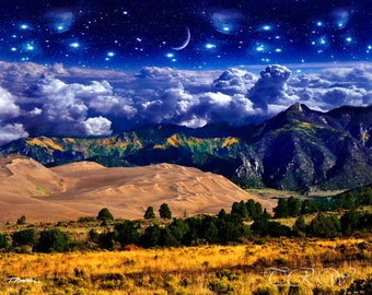 Colorado Art,Great Sand Dunes National Park,Colorful Wall Art of Mountains,Surreal Nature Print,National Park Art,Mountains and Sand Dunes