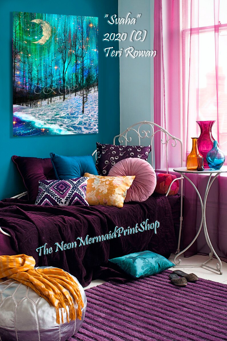 May include: A purple and teal bedroom with a white metal bed frame, a purple and teal throw blanket, and a variety of pillows. The bed is decorated with a painting of a moonlit forest scene with the text "Svaha 2020 (C) Teri Rowan" on the wall. The text "The Neon Mermaid Print Shop" is visible on the bedspread.