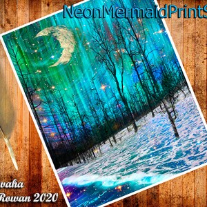 May include: A digital art print featuring a crescent moon, stars, and a forest with a blue and green aurora borealis in the background. The forest is reflected in the water below. The text "Svaha (c) Teri Rowan 2020" is at the bottom of the print.