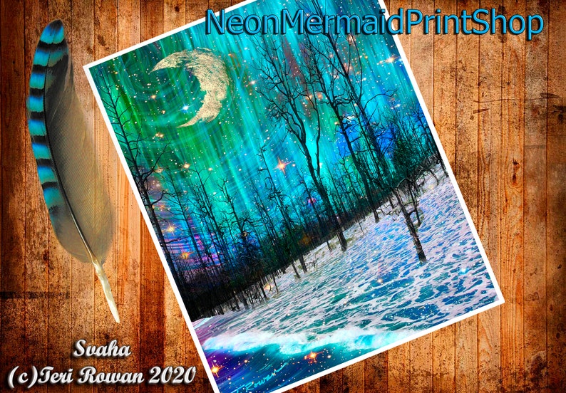 May include: A digital art print featuring a crescent moon, stars, and a forest with a blue and green aurora borealis in the background. The forest is reflected in the water below. The text "Svaha (c) Teri Rowan 2020" is at the bottom of the print.