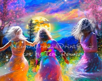 Three Women Dancing fine art print,Full Moon Decor,Hippy Wall Art,Boho Home Decor,Feminist Art,Colorado Art,Colorful Giclee Print,Moonrise