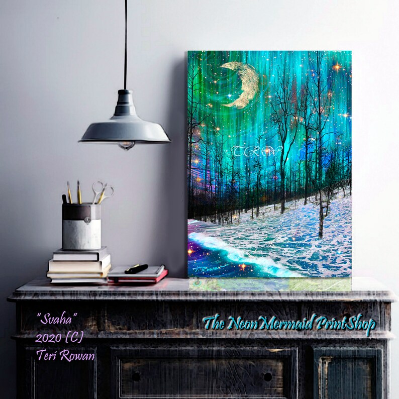 May include: A digital painting of a moonlit forest scene with a crescent moon and stars in the sky. The forest is covered in snow and the water is crashing on the shore. The text "The Neon Mermaid Print Shop" is at the bottom of the image.