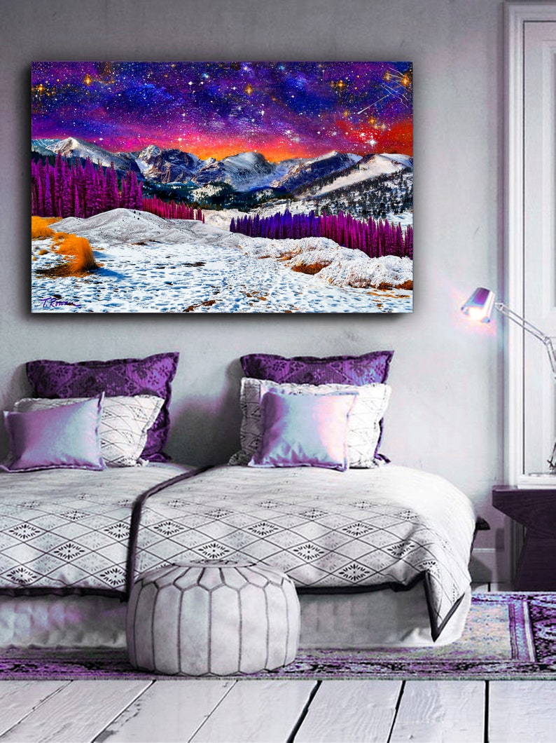 Mountain Landscape Starry Night Sky Sunset Art Metal Prints,Colorado Snow Rocky Mountains Art Print,Purple Wall Decor,Starry Sky Mountains Metal Print 24x30 inches