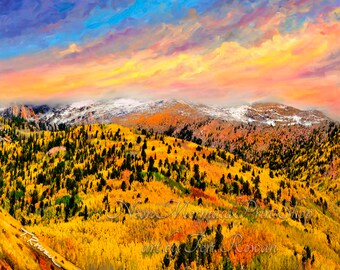 Sunset Mountains by Teri Rowan,Autumn Forest Print, Landscape Photography,Woodland Wall Art,Rocky Mountains,Nature Print,Fall Leaves Photo