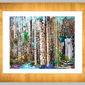 May include: A whimsical forest scene with a wooden door, a birdhouse, and a blue bird. The trees are white with a textured bark and the ground is covered in blue and purple flowers.