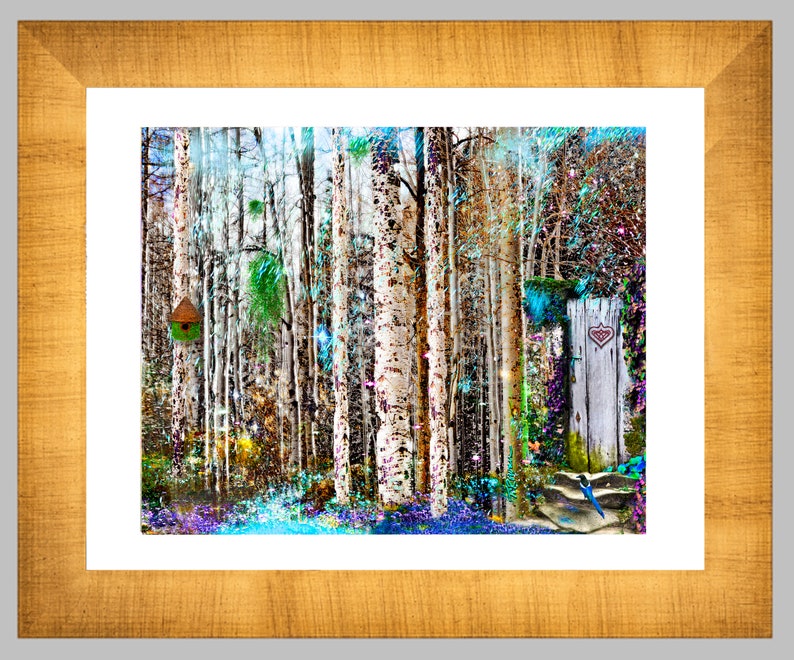 May include: A whimsical forest scene with a wooden door, a birdhouse, and a blue bird. The trees are white with a textured bark and the ground is covered in blue and purple flowers.