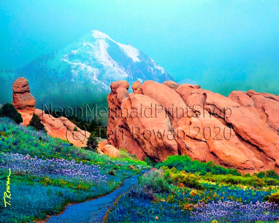 Floral Fairytale Print,Giclee Print,Fantasy Landscape,Wildflowers,Aqua Nursery Print,Fairytale Prints,Colorado Mountain Landscape,Red Rocks