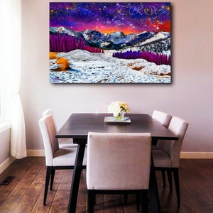 Mountain Landscape Starry Night Sky Sunset Art Metal Prints,Colorado Snow Rocky Mountains Art Print,Purple Wall Decor,Starry Sky Mountains Metal Print 20 x 30 inches
