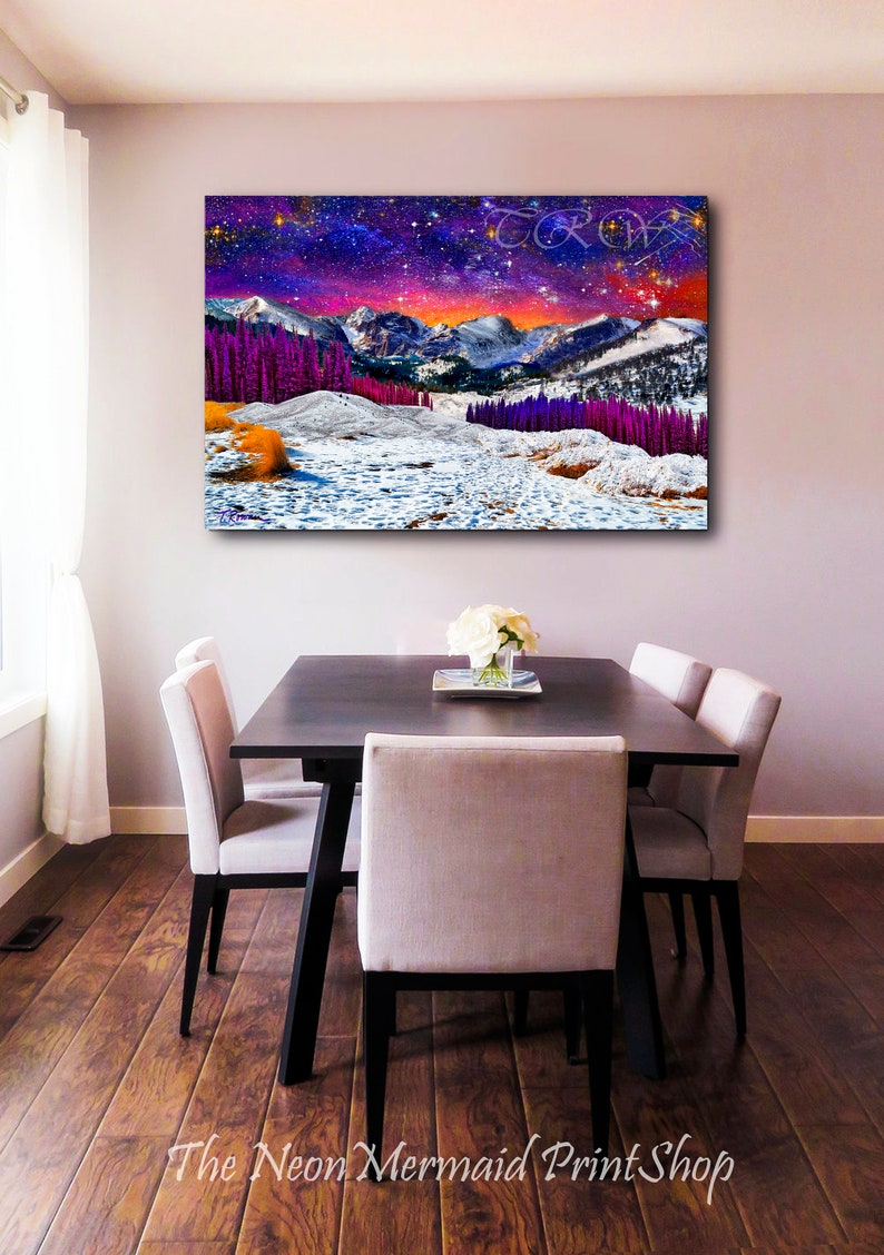 Mountain Landscape Starry Night Sky Sunset Art Metal Prints,Colorado Snow Rocky Mountains Art Print,Purple Wall Decor,Starry Sky Mountains Metal Print 20 x 30 inches