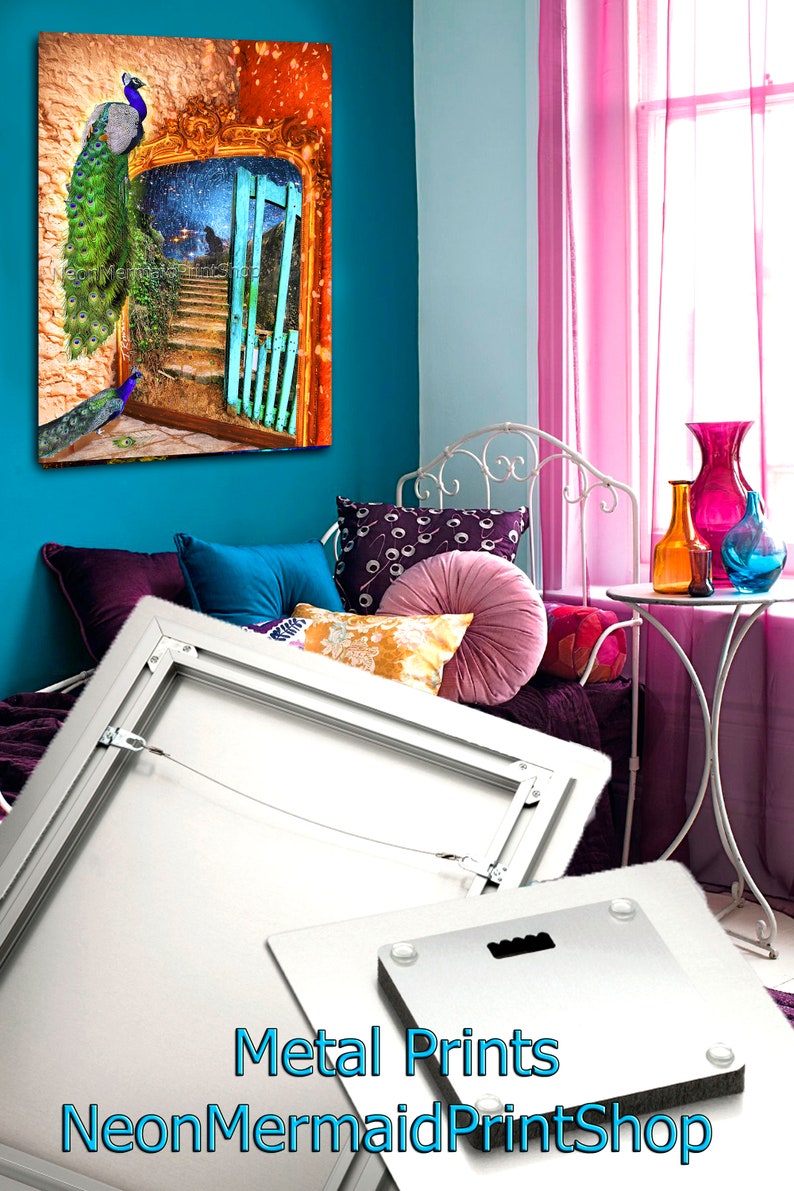 May include: Metal print showcasing a peacock image. The artwork presents a peacock on a stone wall, with a blue gate and stairs leading to a starry night scene. The print is displayed in a room with colorful decor.