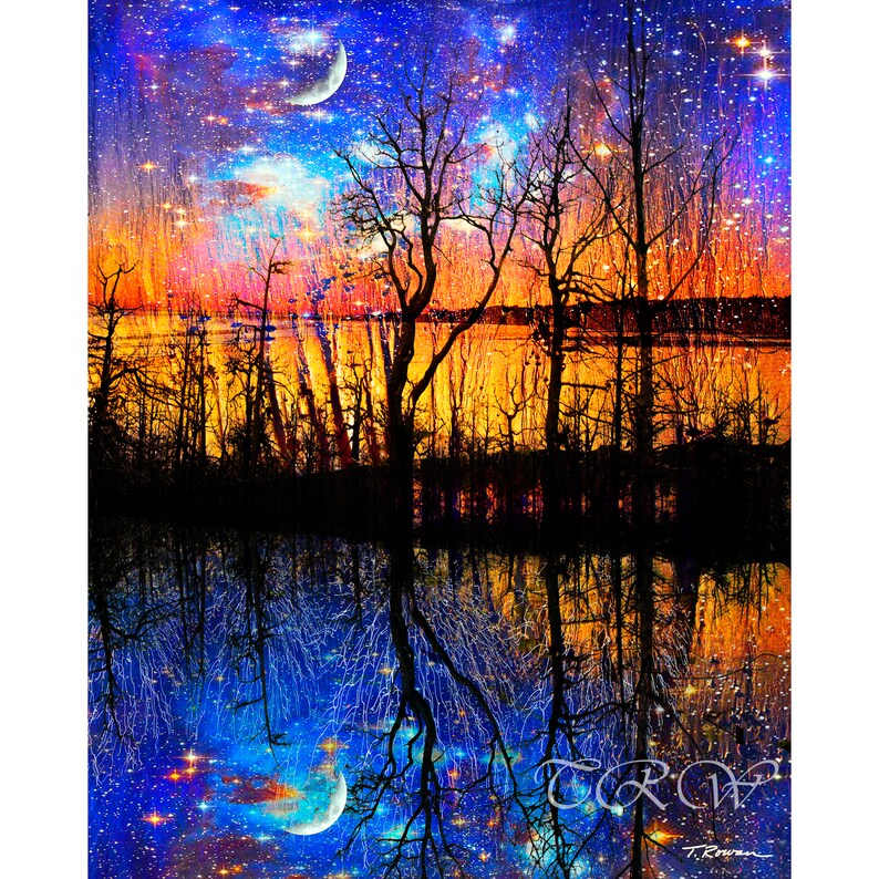 May include: A digital painting of a forest reflected in a still body of water. The sky above is filled with stars and a crescent moon. The colors are vibrant and the scene is peaceful.