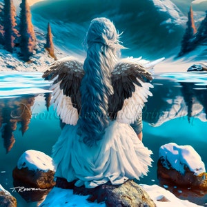 Angel Lake Art Print: Woman with Wings, Cottagecore Fairycore Decor Holiday Wall hanging Giclee Print of Angel