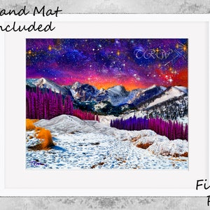Mountain Landscape Starry Night Sky Sunset Art Metal Prints,Colorado Snow Rocky Mountains Art Print,Purple Wall Decor,Starry Sky Mountains image 3