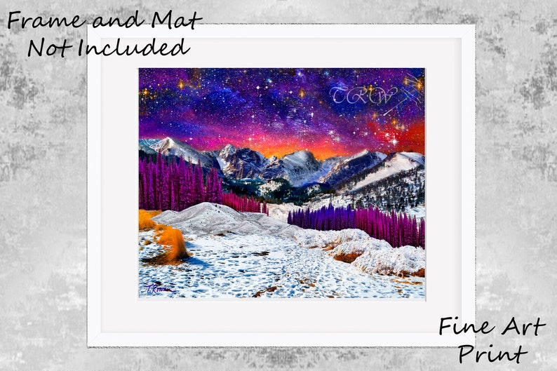 Mountain Landscape Starry Night Sky Sunset Art Metal Prints,Colorado Snow Rocky Mountains Art Print,Purple Wall Decor,Starry Sky Mountains image 3