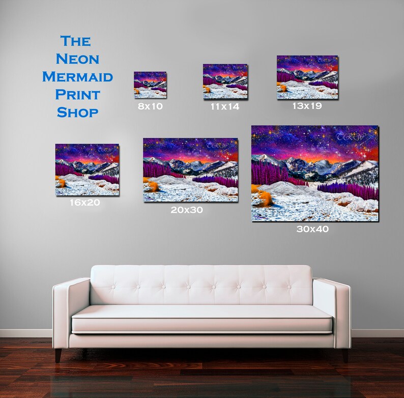 May include: A digital art print of a snowy mountain scene with a purple, pink, and orange sunset. The print is available in various sizes, including 8x10 inches, 11x14 inches, 13x19 inches, 16x20 inches, 20x30 inches, and 30x40 inches. The print is titled "The Neon Mermaid Print Shop".
