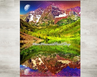 Maroon Bells Colorado Print, Maroon Bells Metal Print,Mountain Landscape,Mountain Art,Large Metal Print,Milky Way Full Moon Shooting Stars