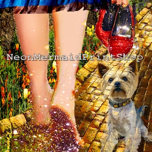 May include: A woman in a blue skirt walks down a yellow brick road with a small brown dog. The woman's feet are bare and the road is covered in glitter. The woman is holding a pair of red shoes in her hand. The text "NeonMermaidPrintShop" is visible in the image.