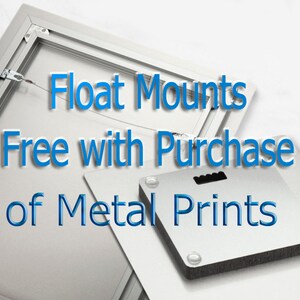 May include: A silver metal frame with a white mat and a metal print inside. The frame is hanging on a white wall. The text "Float Mounts Free with Purchase of Metal Prints" is written in blue text on the wall.