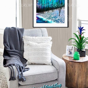 May include: A digital art print depicting a snowy forest scene with a crescent moon and stars in the sky. The sky is a vibrant blue and green with a hint of purple. The trees are silhouetted against the sky. The text "The Neon Mermaid Print Shop" is at the bottom of the image.