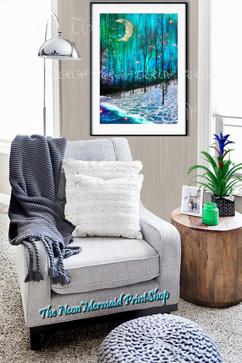 May include: A digital art print depicting a snowy forest scene with a crescent moon and stars in the sky. The sky is a vibrant blue and green with a hint of purple. The trees are silhouetted against the sky. The text "The Neon Mermaid Print Shop" is at the bottom of the image.