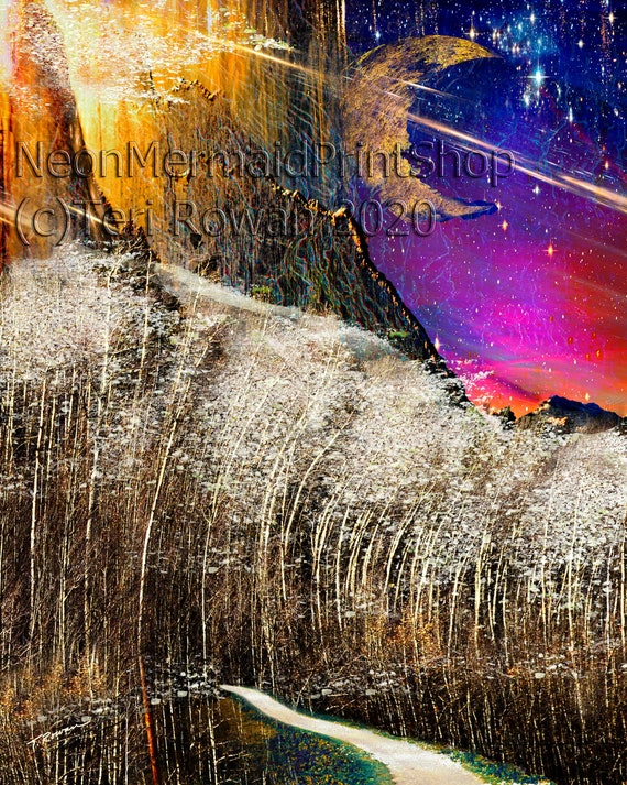 Celestial Woodland Art Print: Fantasy Landscape, Gold Tree, Moon Art