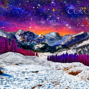 Mountain Landscape Starry Night Sky Sunset Art Metal Prints,Colorado Snow Rocky Mountains Art Print,Purple Wall Decor,Starry Sky Mountains image 10