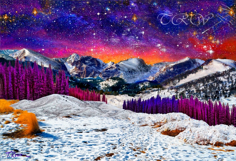 Mountain Landscape Starry Night Sky Sunset Art Metal Prints,Colorado Snow Rocky Mountains Art Print,Purple Wall Decor,Starry Sky Mountains image 10