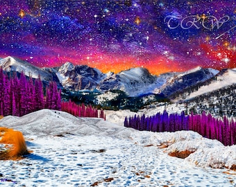 Mountain Landscape Starry Night Sky Sunset Art Metal Prints,Colorado Snow Rocky Mountains Art Print,Purple Wall Decor,Starry Sky Mountains