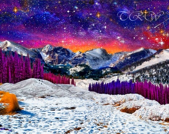 Starry Night Mountain Landscape Art Print: Colorado Rocky Mountains Sunset