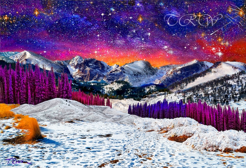 Mountain Landscape Starry Night Sky Sunset Art Metal Prints,Colorado Snow Rocky Mountains Art Print,Purple Wall Decor,Starry Sky Mountains Metal Print 8 x 10 inches