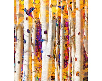 Colorful Trees with Birds Print,Aspen Trees Giclée Print: Colorado Landscape Teri Rowan,Wall Art with Hummingbirds,Bird Decor Modern Art