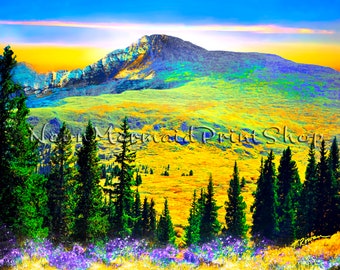 Sunrise Mountain Art,Colorful Print of Mountain,Sunset Giclee Print,Rocky Mountain Art,Colorado Art,Pine Tree Wall Decor,Yellow Art,Boho Art