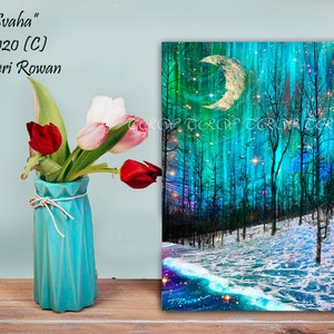 May include: A digital painting depicting a moonlit forest scene with a crescent moon and stars in the sky. The trees are bare and the ground is covered in snow. The painting is in shades of blue, green, and white.