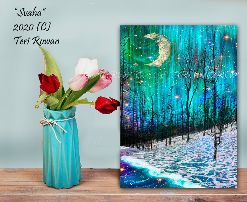May include: A digital painting depicting a moonlit forest scene with a crescent moon and stars in the sky. The trees are bare and the ground is covered in snow. The painting is in shades of blue, green, and white.