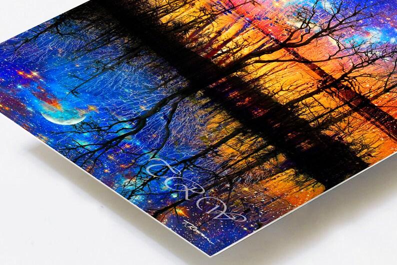 May include: A digital painting of a forest scene with a crescent moon and stars in the sky. The trees are silhouetted against a bright orange and yellow sunset. The painting is titled "Forest Dreams".