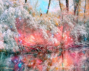 Whimsical Winter Landscape,Colorful Snow Scene,Fairyland Print,Fairytale Art,Metal Print,Pastel Wall Decor,Pink & White Decor,Woodland Print