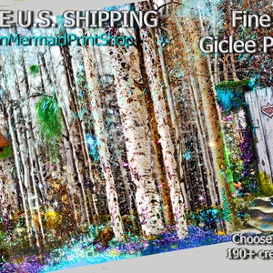 May include: A colorful abstract painting of a birch forest with a small wooden door with a heart on it. A blue bird sits on a set of steps leading to the door. The text "Free U.S. Shipping" and "Fine Art Giclee Prints" is at the top of the image. The text "Choose from 190+ creations" is at the bottom of the image.