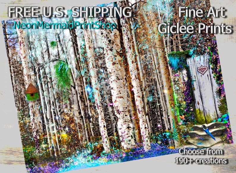 May include: A colorful abstract painting of a birch forest with a small wooden door with a heart on it. A blue bird sits on a set of steps leading to the door. The text "Free U.S. Shipping" and "Fine Art Giclee Prints" is at the top of the image. The text "Choose from 190+ creations" is at the bottom of the image.