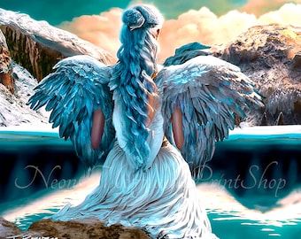 Angel Wall Decor,Angel Print,Woman with Wings,Wall Art,Wall Decor by Teri Rowan,Angel Metal Print,Blue Angel by Lake,Fantasy Angel Blue Hair