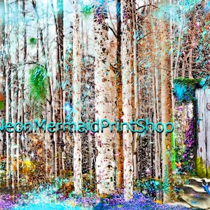 May include: A whimsical forest scene with a white wooden door, a birdhouse, and a blue jay. The trees are a mix of brown and white, and the ground is covered in colorful flowers. The text "NeonMermaidPrintShop" is visible in the lower left corner.