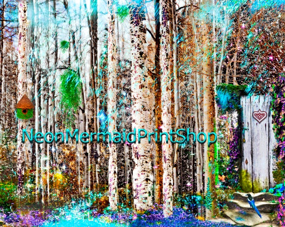 Fairyland Art Print,Fantasy Art,Woodland Art for Nursery,Boho Wall Art,Country Cottage Art,Birch Trees,Garden Giclee Print,