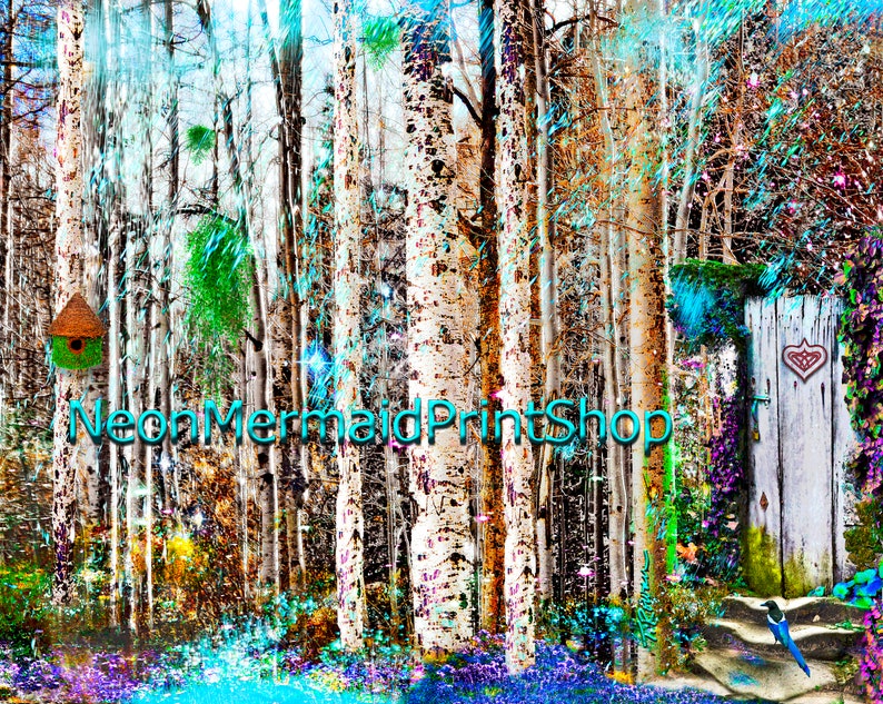 May include: A whimsical forest scene with a white wooden door, a birdhouse, and a blue jay. The trees are a mix of brown and white, and the ground is covered in colorful flowers. The text "NeonMermaidPrintShop" is visible in the lower left corner.