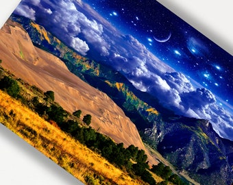 Sand Dunes Metal Print,Colorado National Park Decor,Surreal Giclee Print,Starry Night Wall Art Crescent Moon,Sand Dunes Stars,Metal Print