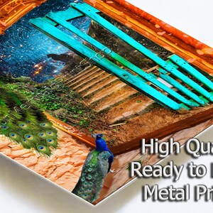 May include: Metal print depicting a peacock and a surreal landscape with a starry sky and a wooden structure. The print has a gold ornate frame and the text "High Quality Ready to Hang Metal Prints".