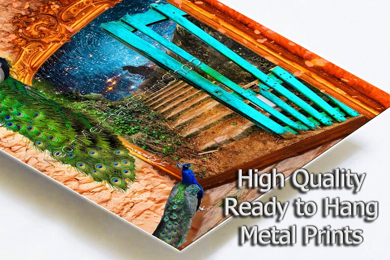 May include: Metal print depicting a peacock and a surreal landscape with a starry sky and a wooden structure. The print has a gold ornate frame and the text "High Quality Ready to Hang Metal Prints".
