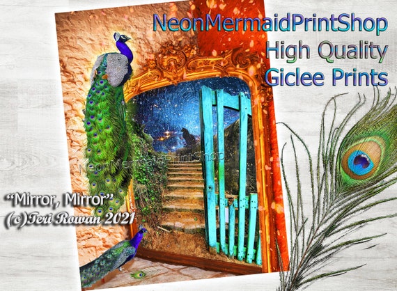 Fairytale Art Print,Fantasy Landscape,Aqua,Peacock Print,Bird Art,Animal Art,Fairytale Landscape,Metal Print or Giclee Print,Country Cottage